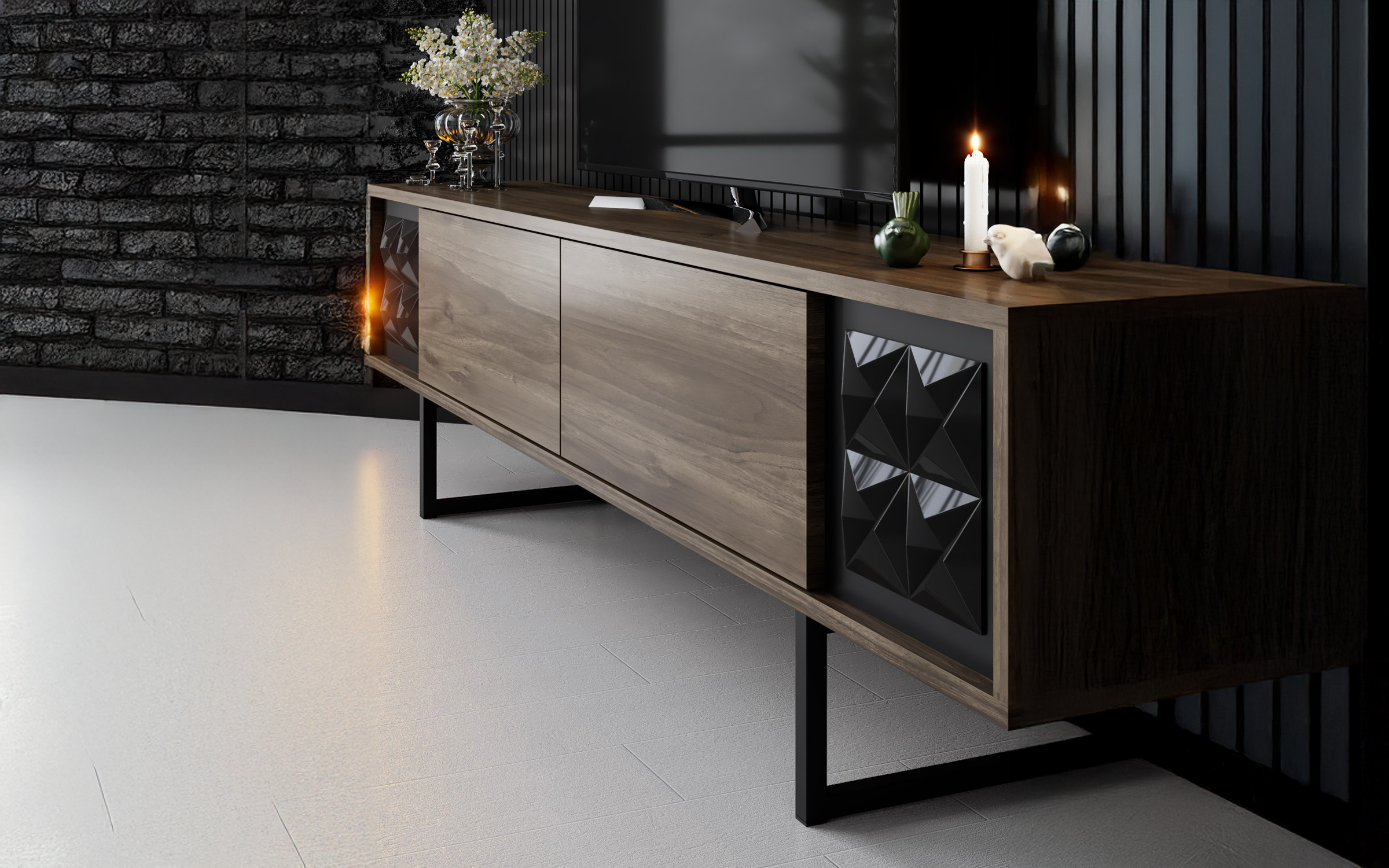 Modul TV + 2 buc. etajera Linus, nuc + negru  3